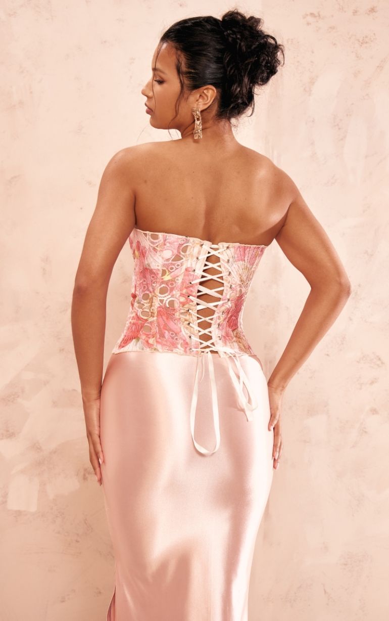 Pink Textured Sheer Floral Lace Corset