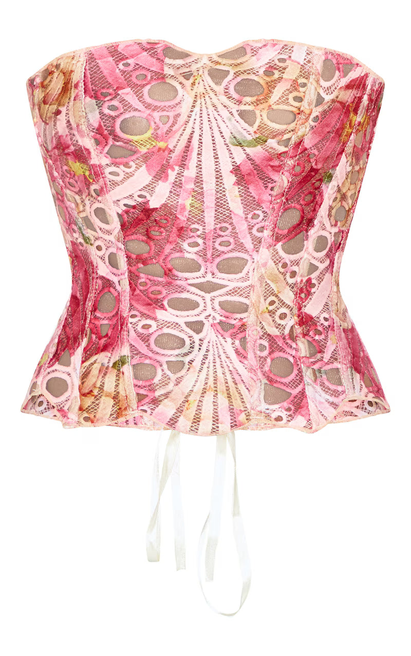 Pink Textured Sheer Floral Lace Corset