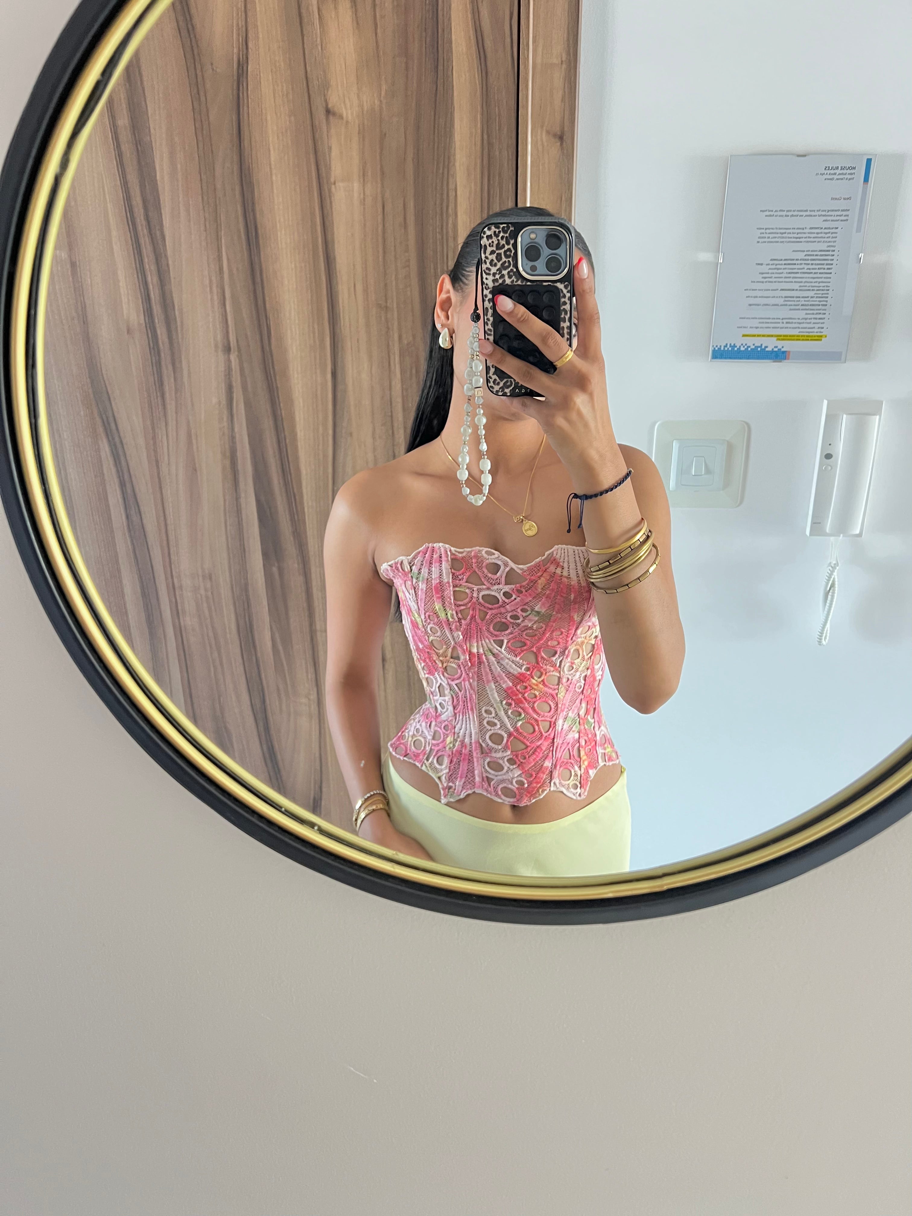 Pink Textured Sheer Floral Lace Corset