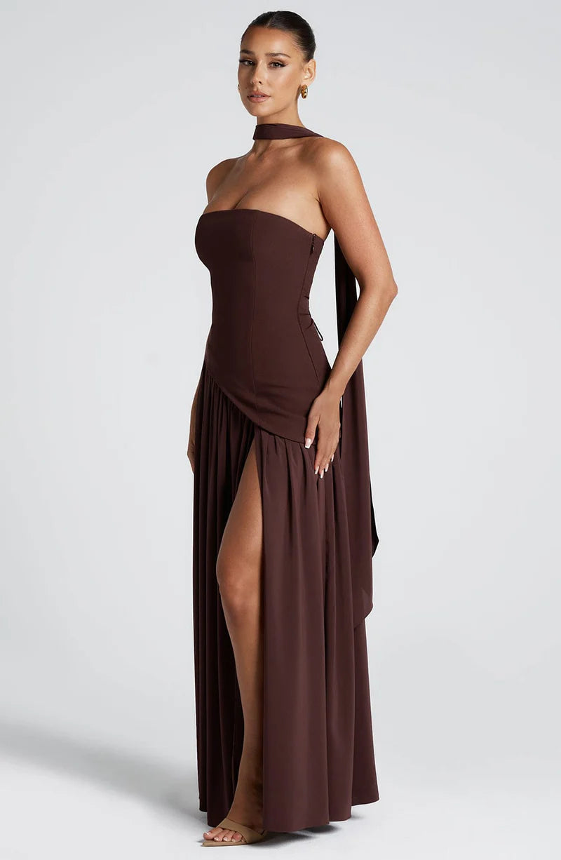 brown fringed sleeveless midi dress Neeka | Brown Velvet Twisted Asymmetric Maxi Dress
